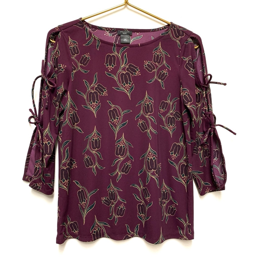 Ann Taylor Tie Sleeve Blouse Top Size XSP XS Petite Floral Wine Dressy‎ Career